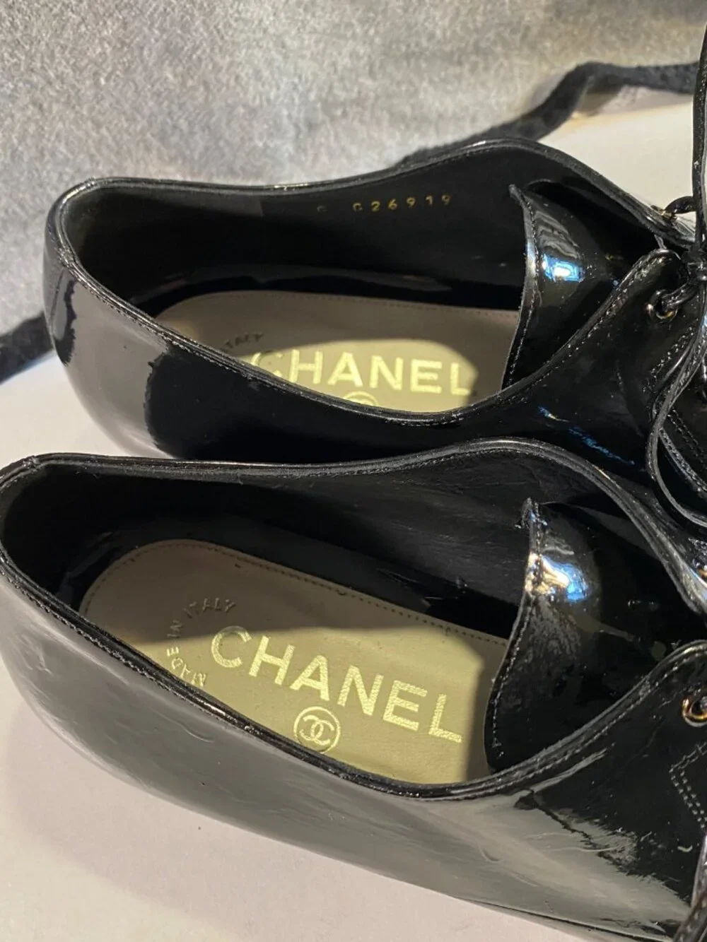 CHANEL Black Patent Leather Square Toe Oxfords Loafers 37 Italy